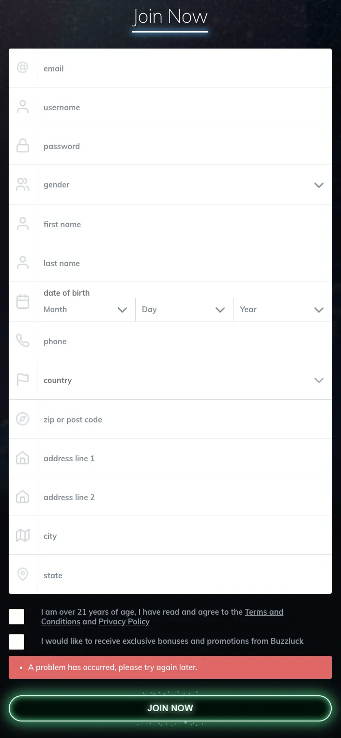 buzzluck-casino signup page